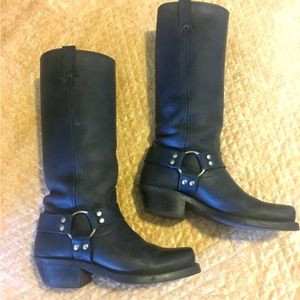 Frye Tall Black Leather Harness Pull-On Boots, Women’s Size 7M